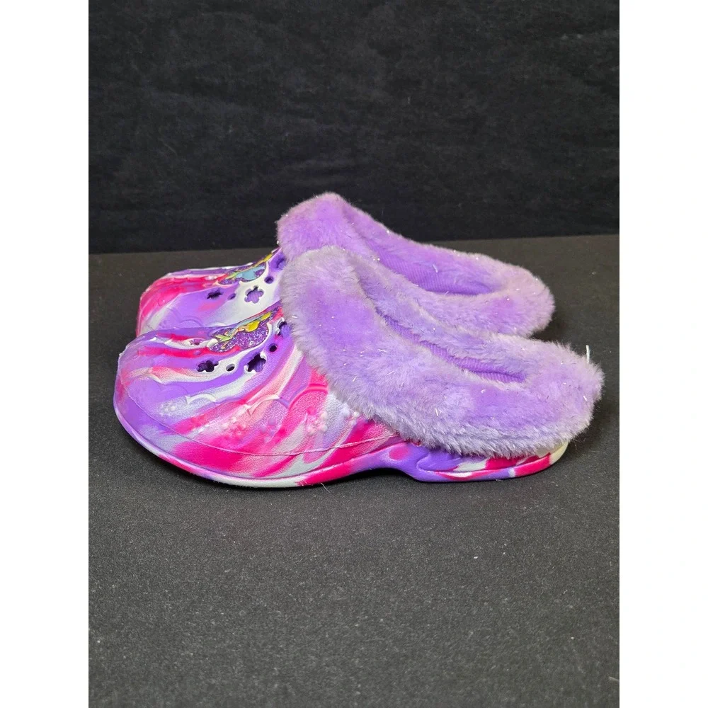 Disney Fairies Tinker Bell Girls Purple Pink Marble Faux Fur Lined Clogs Size 10